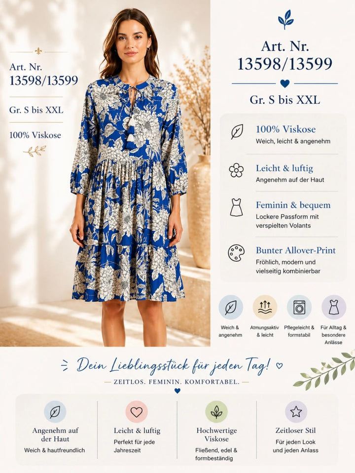 Floral viscose midi dress in royal blue with white floral print, sizes S to XXL