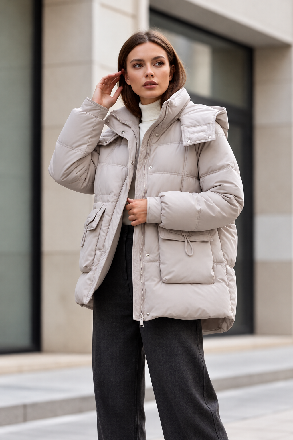 Gesteppte Pufferjacke mit Kapuze &amp; großen Taschen
