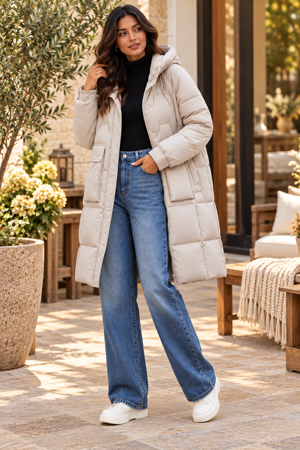 Langer Steppmantel mit Kapuze in Hellbeige – Winterliebe