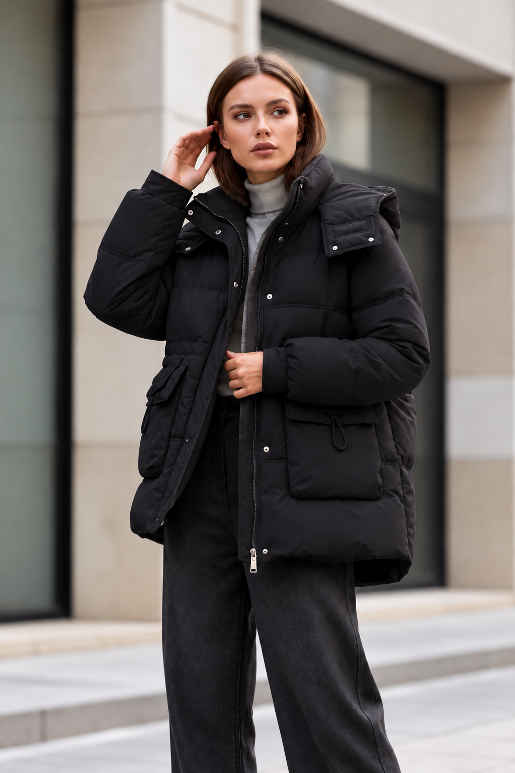 Gesteppte Pufferjacke mit Kapuze &amp; großen Taschen