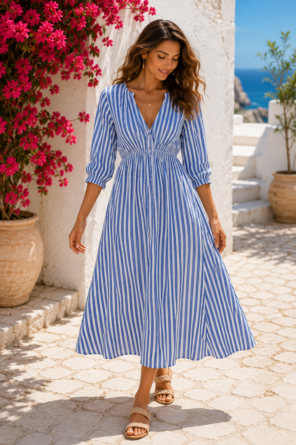 Blue and White Stripe Cotton Maxi Dress
