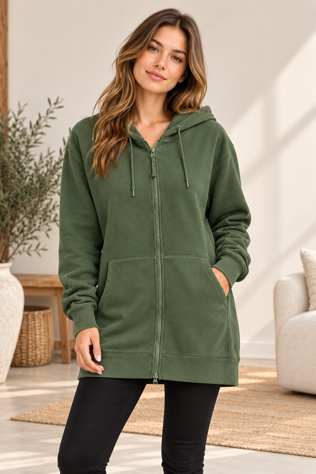 Long Zip-Hoodie mit Kapuze – Relaxed Fit