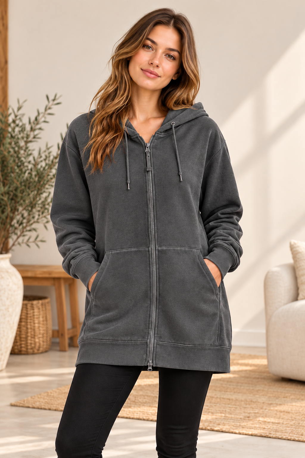 Long Zip-Hoodie mit Kapuze – Relaxed Fit