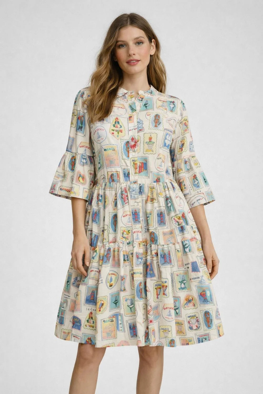 Nautical Viscose Dress with Buttons - Off-White