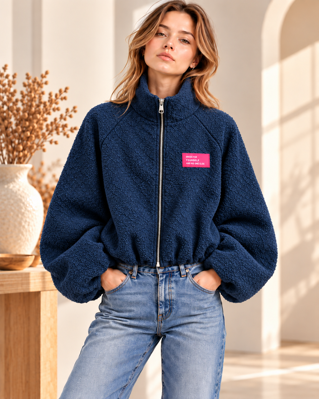 Oversize Bouclé Jacke mit Ballonärmeln &amp; Stehkragen