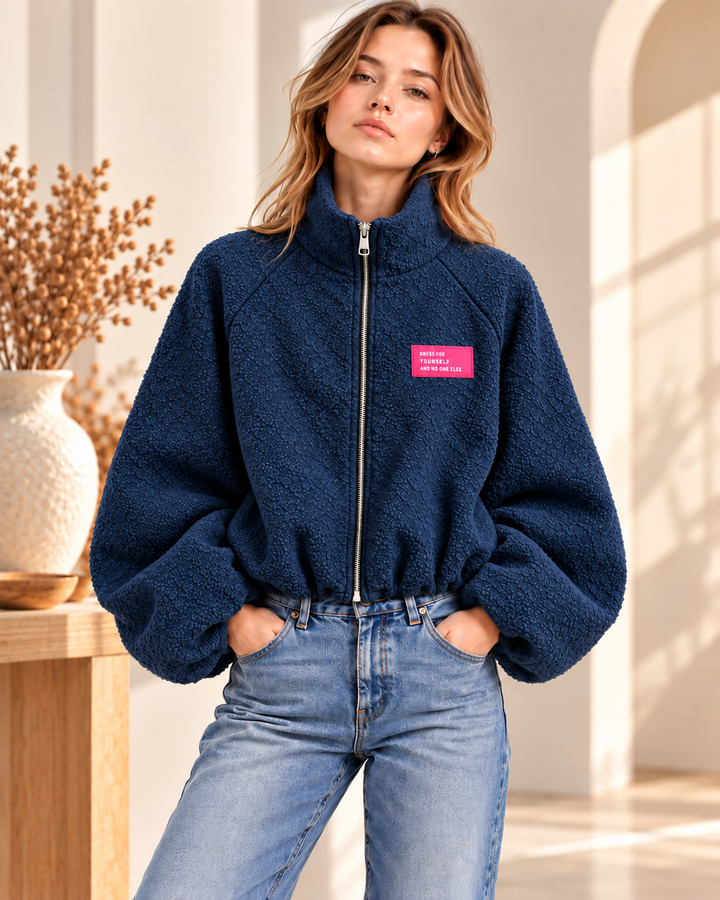 Oversize Bouclé Jacke mit Ballonärmeln &amp; Stehkragen