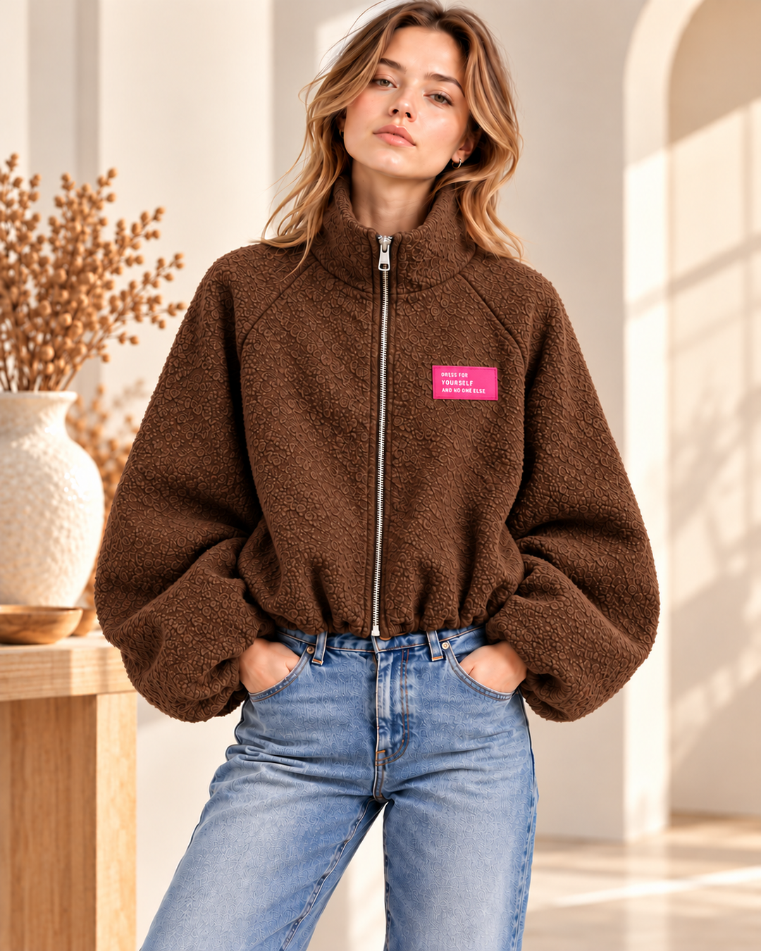 Oversize Bouclé Jacke mit Ballonärmeln &amp; Stehkragen