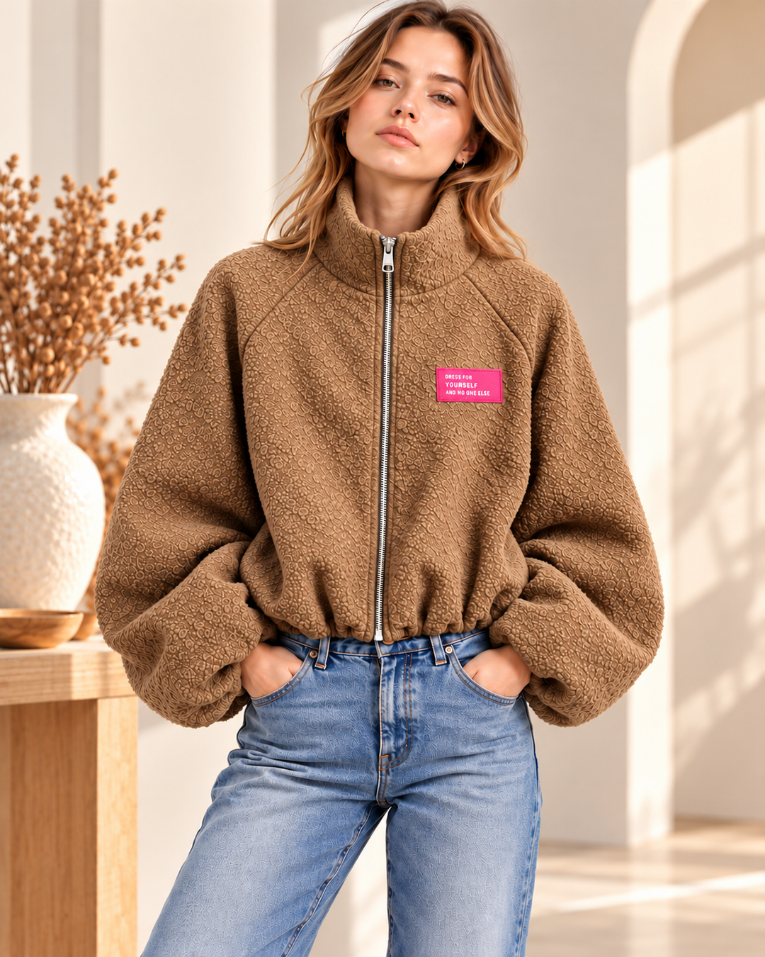 Oversize Bouclé Jacke mit Ballonärmeln &amp; Stehkragen