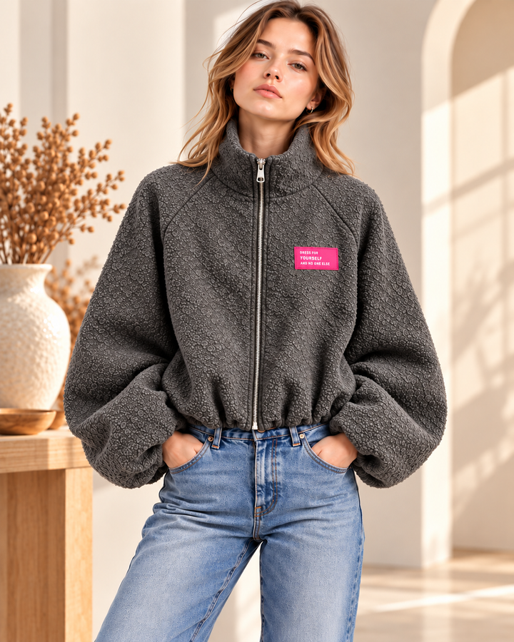 Oversize Bouclé Jacke mit Ballonärmeln &amp; Stehkragen