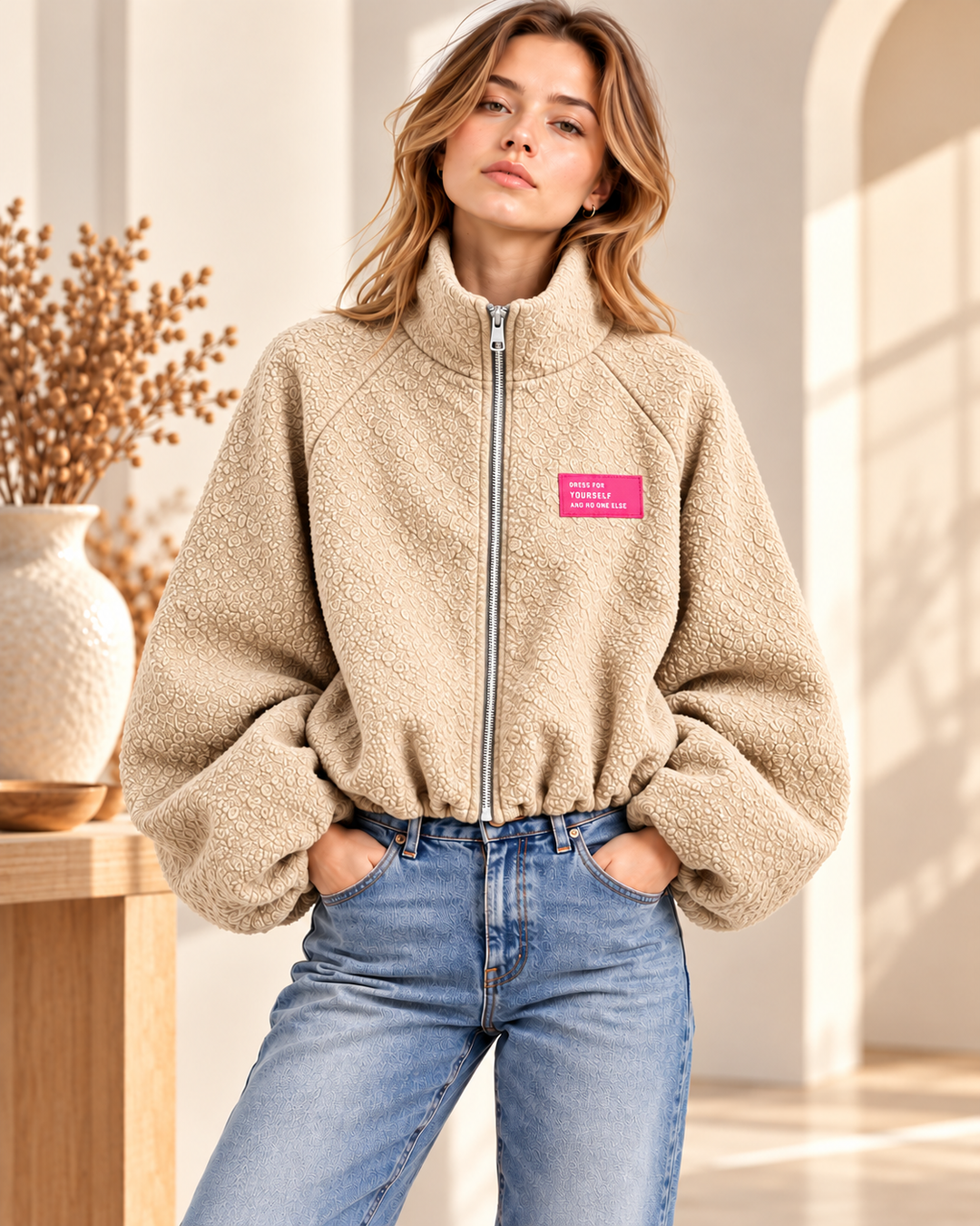 Oversize Bouclé Jacke mit Ballonärmeln &amp; Stehkragen