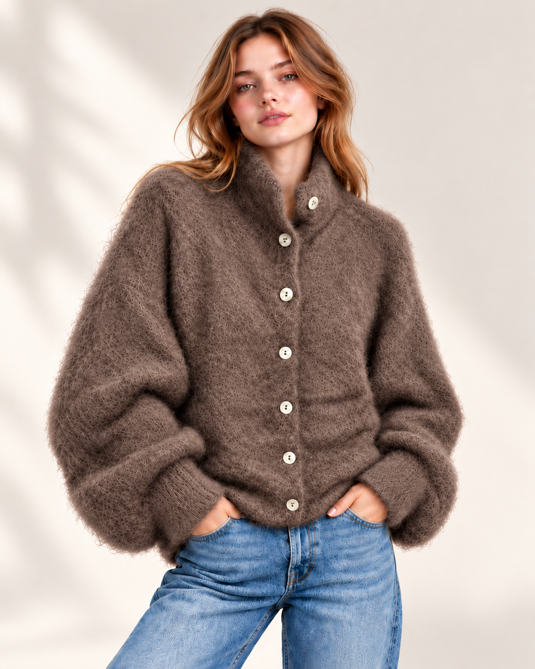 Kid Mohair Oversize Cardigan mit Stehkragen