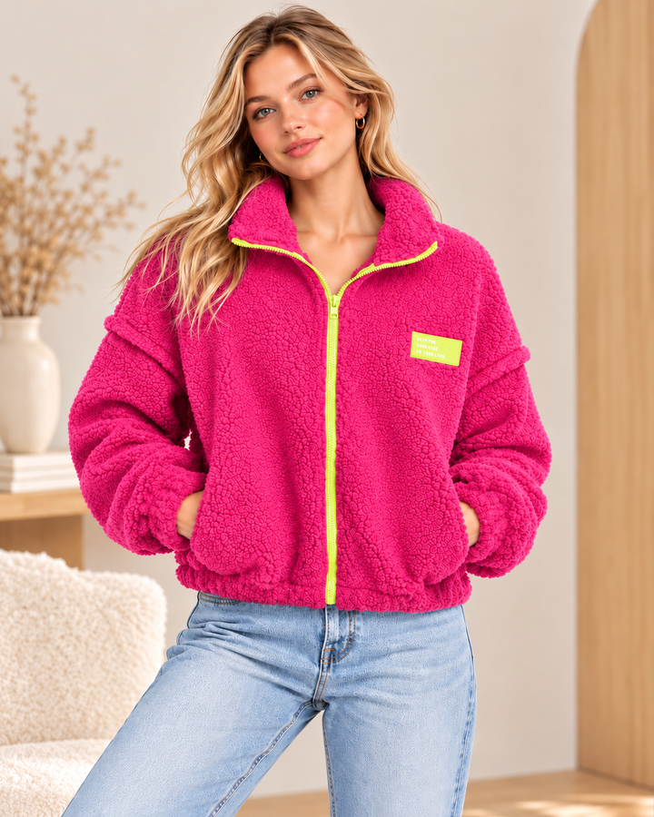 Teddy Jacke mit Kontrast-Reißverschluss