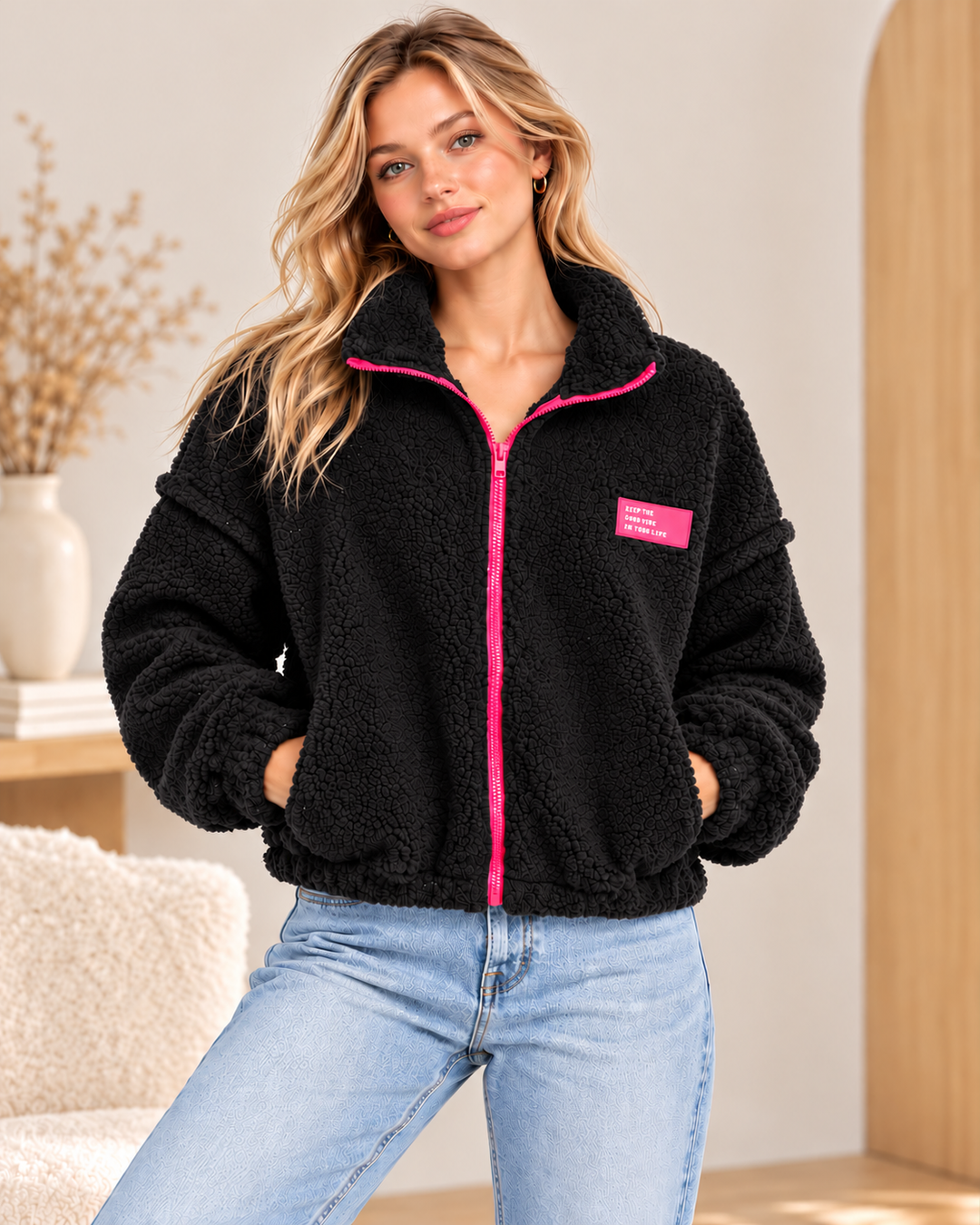Teddy Jacke mit Kontrast-Reißverschluss