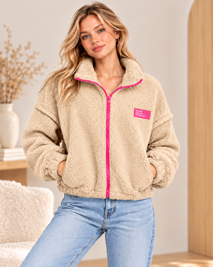 Teddy Jacke mit Kontrast-Reißverschluss