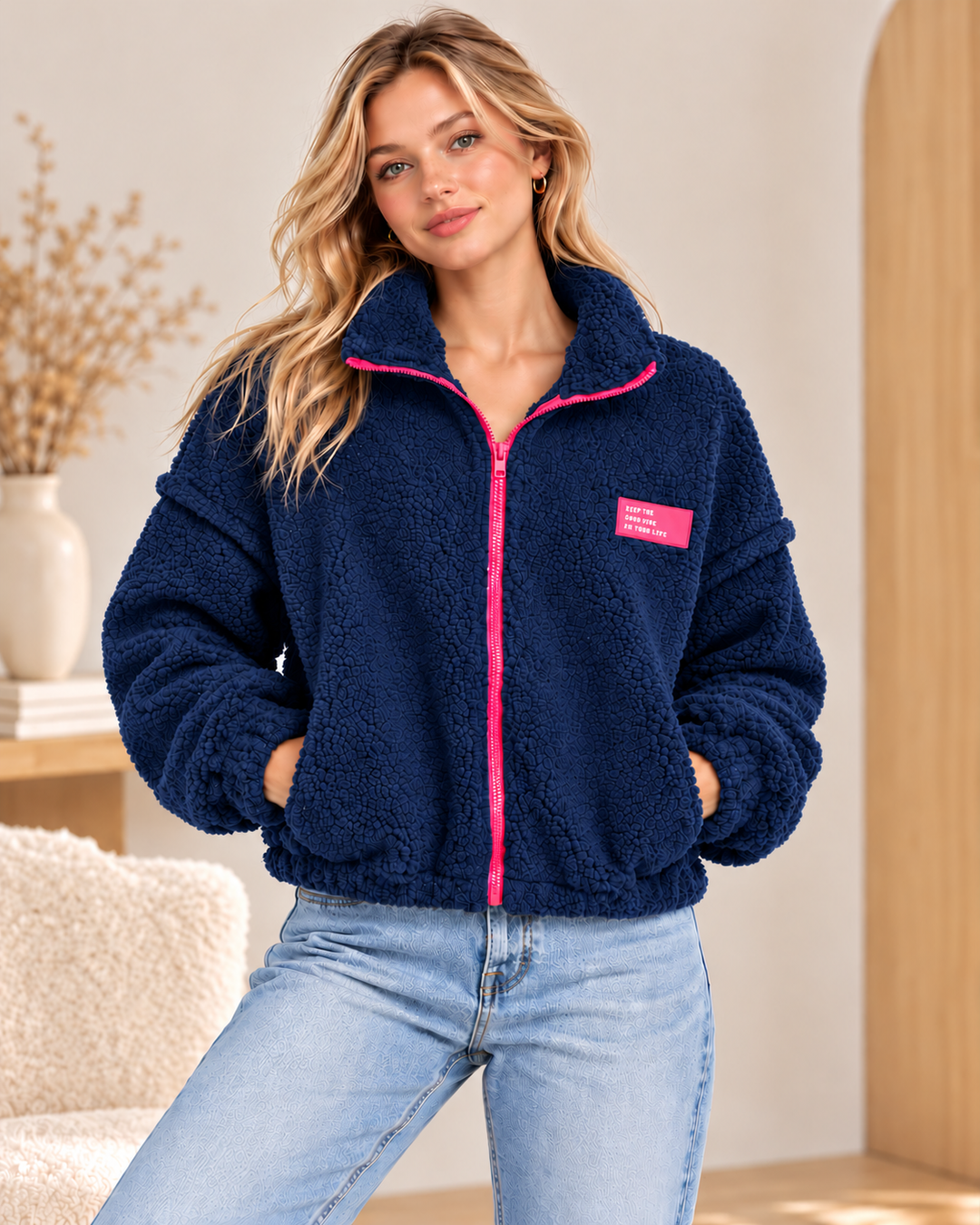 Teddy Jacke mit Kontrast-Reißverschluss