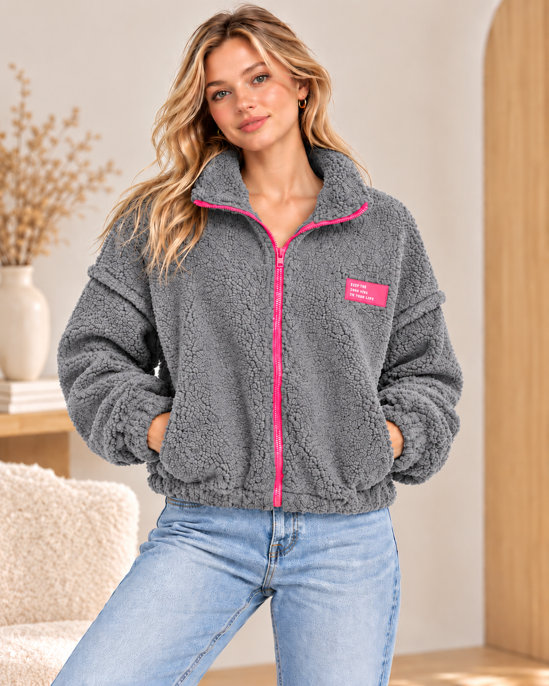 Teddy Jacke mit Kontrast-Reißverschluss