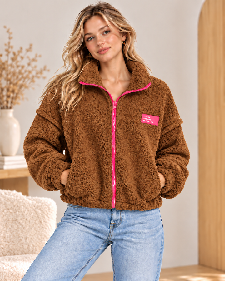 Teddy Jacke mit Kontrast-Reißverschluss