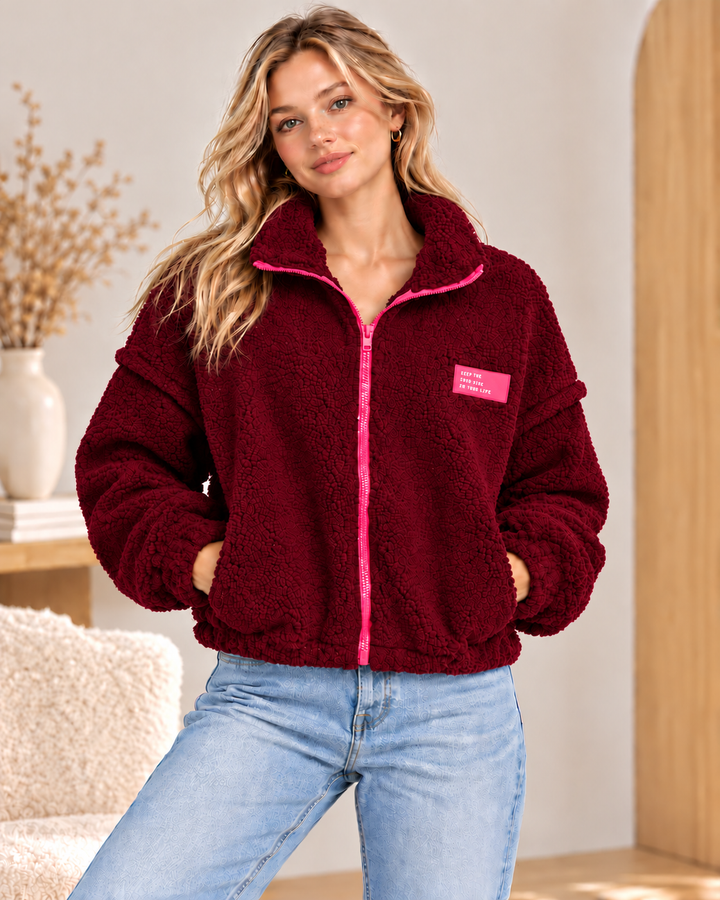 Teddy Jacke mit Kontrast-Reißverschluss