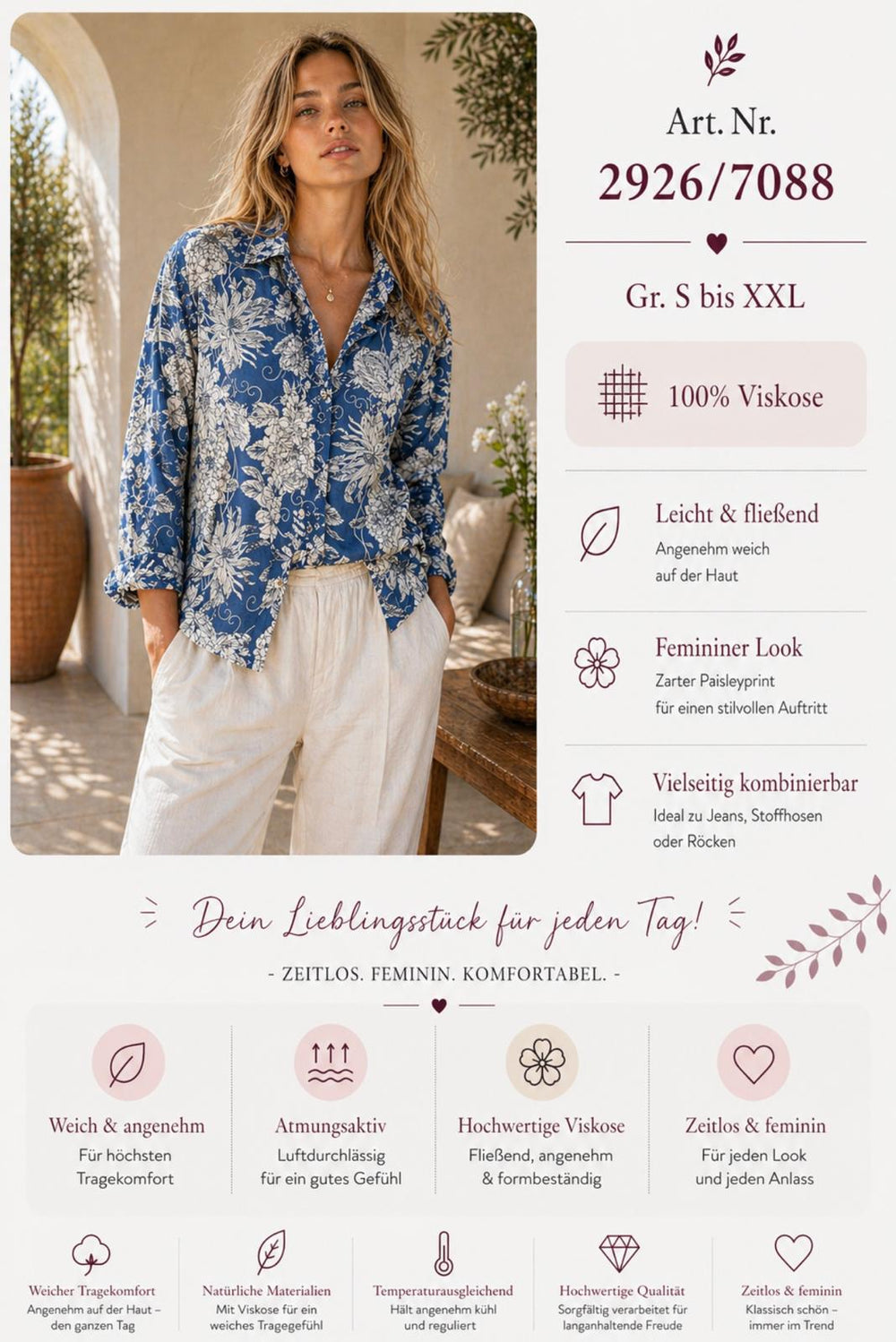 Viskose Bluse Blue & White Floral, 100% Viskose, Größen S bis XXL, Art. Nr. 2926/7088
