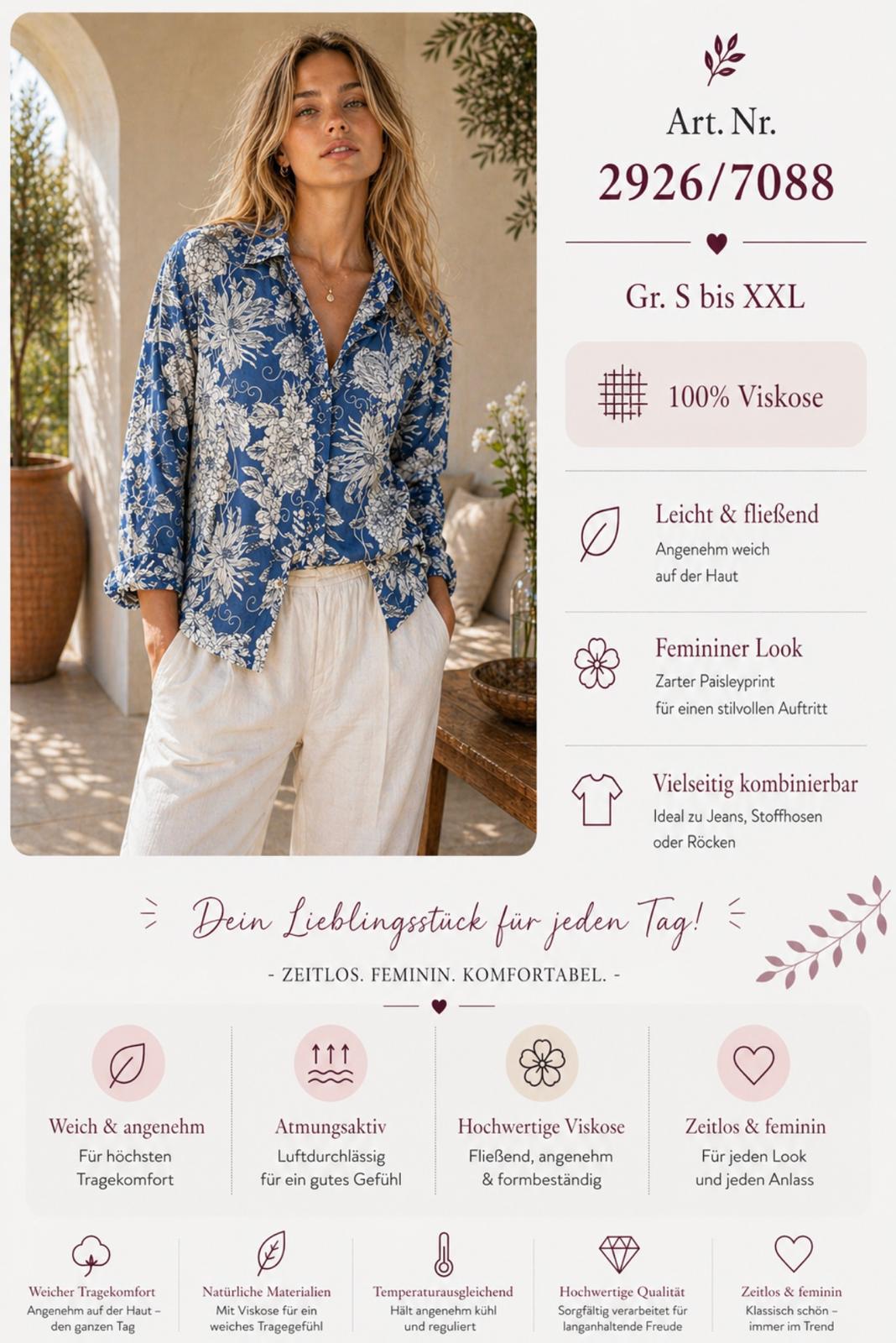 Viskose Bluse Blue &amp; White Floral, 100% Viskose, Größen S bis XXL, Art. Nr. 2926/7088