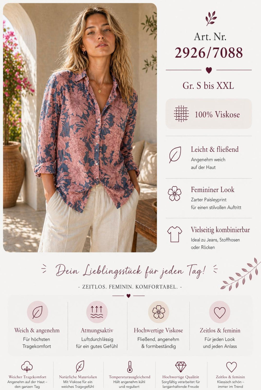 Viskose Bluse Dusty Rose Floral, 100% Viskose, Größen S bis XXL, Art. Nr. 2926/7088