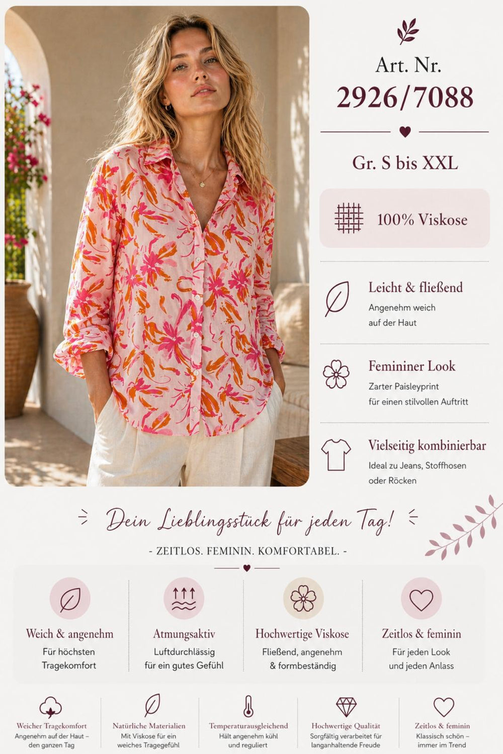Viskose Bluse Pink Floral, 100% Viskose, Größen S bis XXL, Art. Nr. 2926/7088