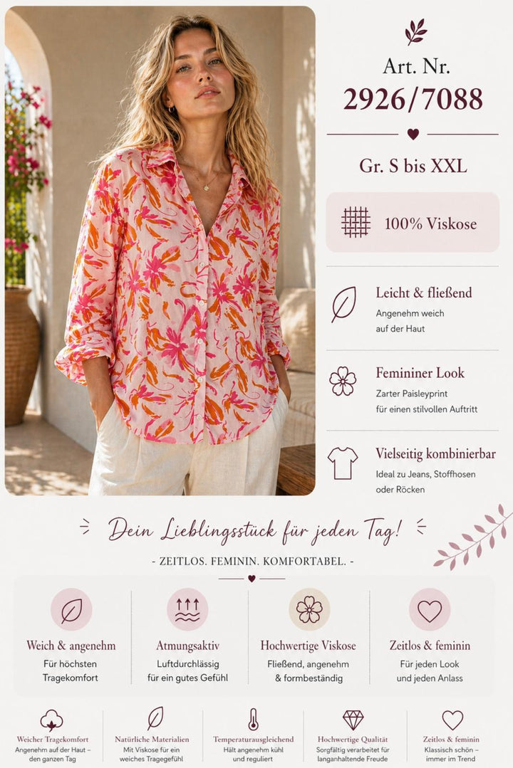 Viskose Bluse Pink Floral, 100% Viskose, Größen S bis XXL, Art. Nr. 2926/7088