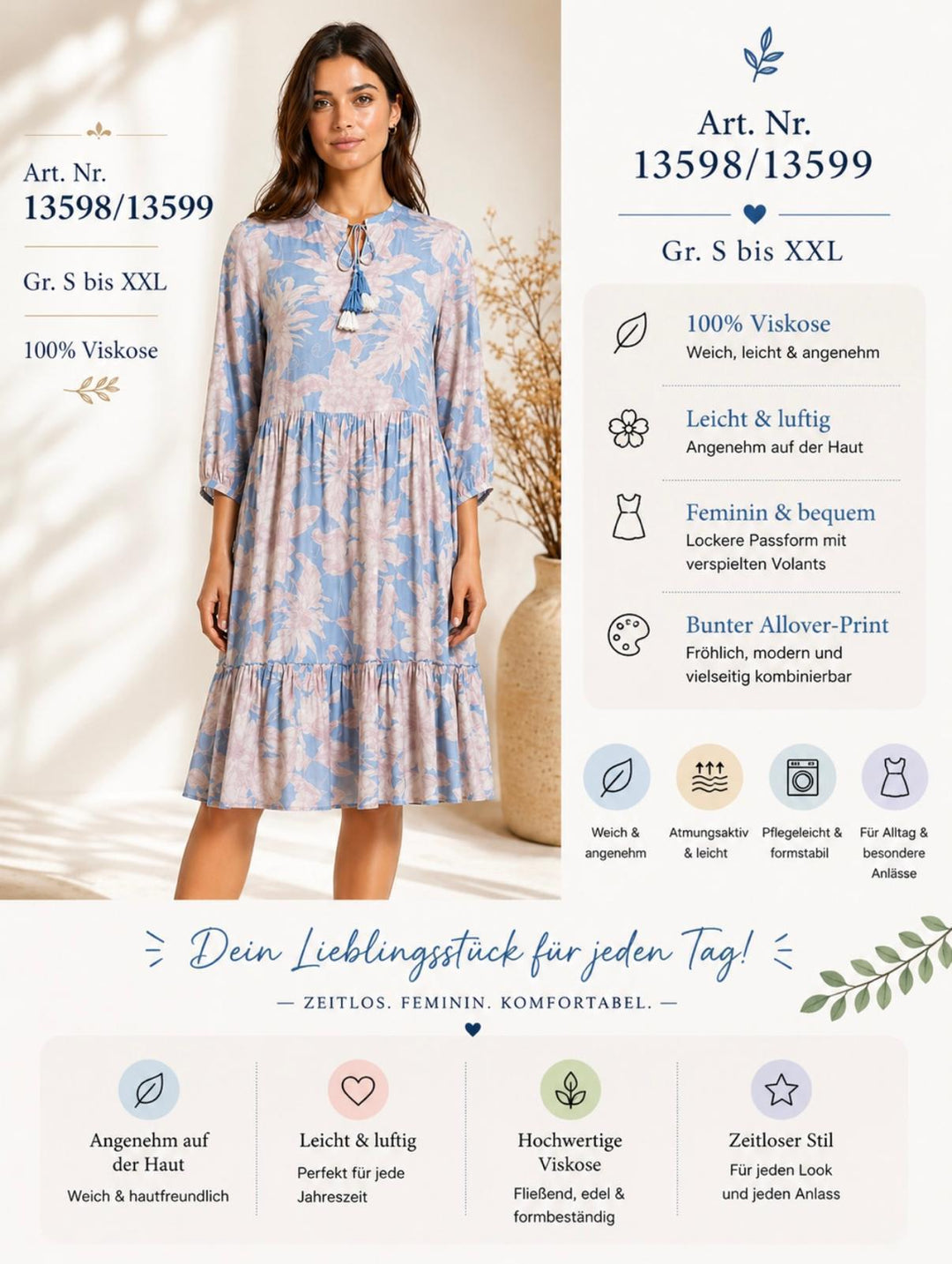 Art. Nr. 13599 – Viskose Kleid mit Allover-Print in Blau