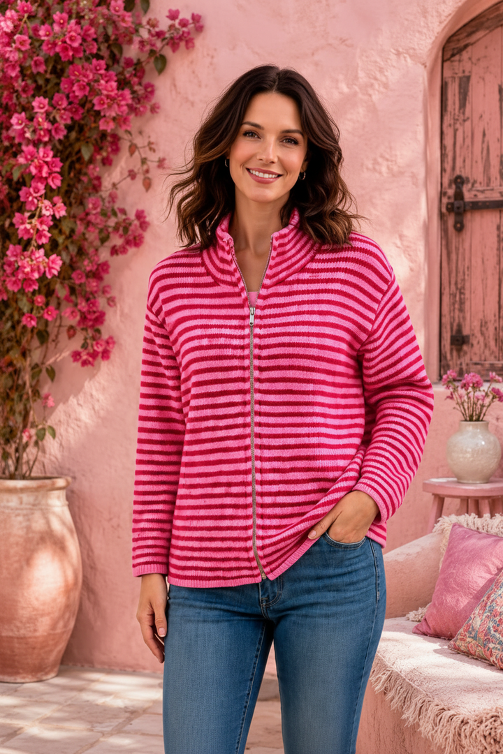Hot Pink Striped Zip Sweatshirt
