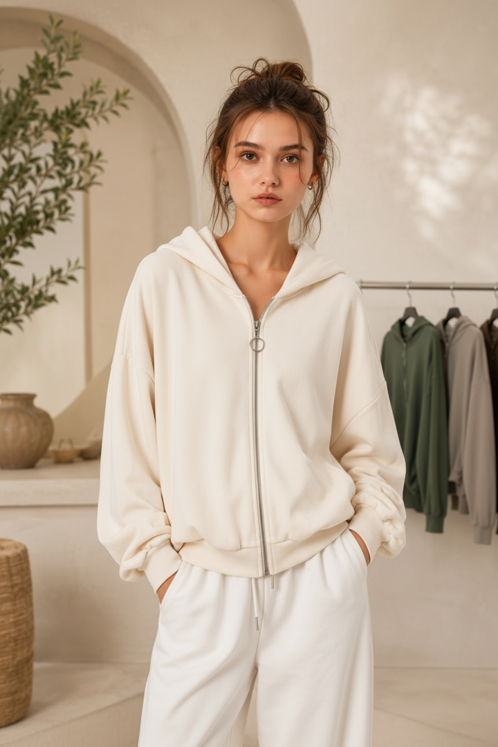Éloise Zip Hoodie – Ecru
