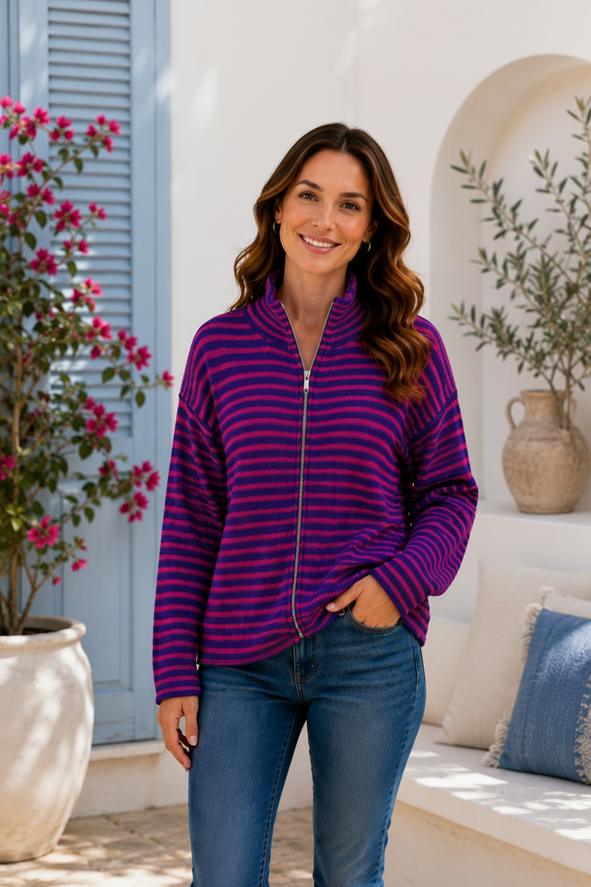 Purple Red Striped Zip Sweatshirt